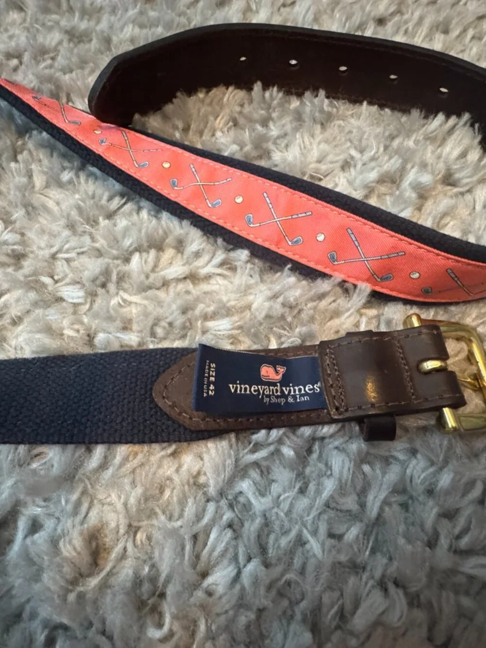 VINEYARD VINES Golf Clubs Silk Canvas Leather Belt Pink Navy Size 42